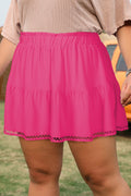 Plus Size Rose Red Frilled With Lace Trim Elastic Waist Ruffled Shorts