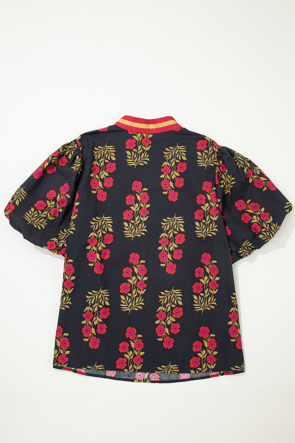 Plus Size Black Short Sleeve Cotton Blouse With Floral Print Ricrac Striped Trim