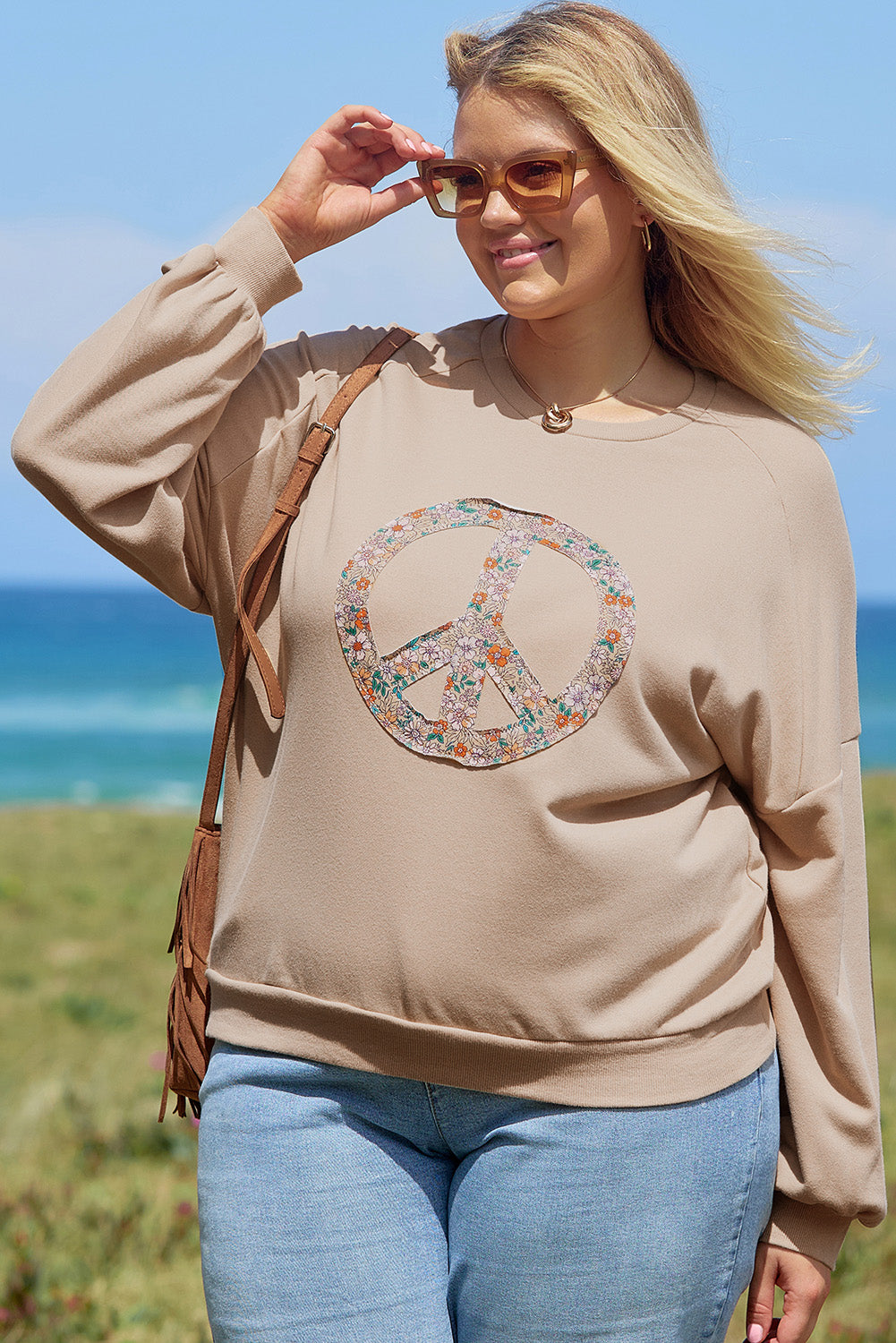 Plus Size Khaki Peace Sign Washed Terry Graphic Sweatshirt