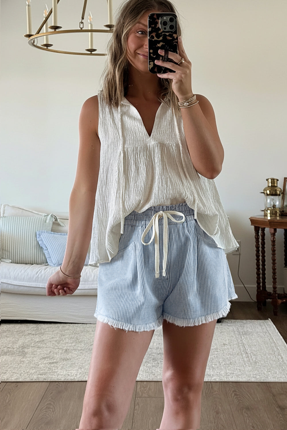 Sky Blue Stripe & Raw Edge Denim Shorts With Elastic Drawstring Waist