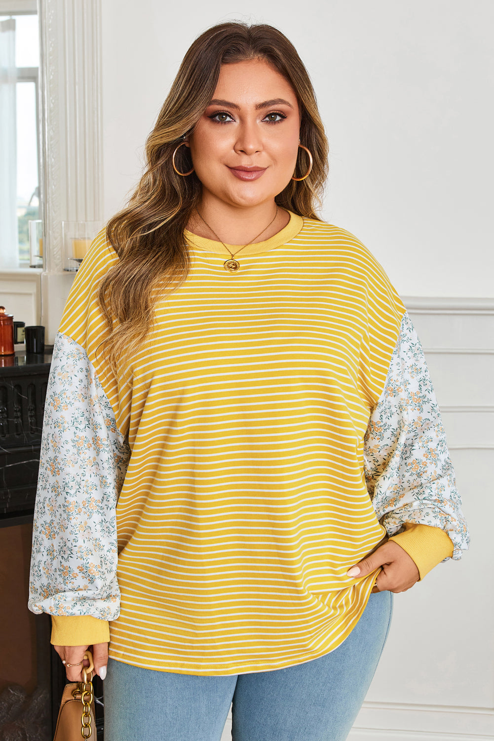 Plus Size Yellow Stripe Patchwork Top With Contrast Floral Sleeves