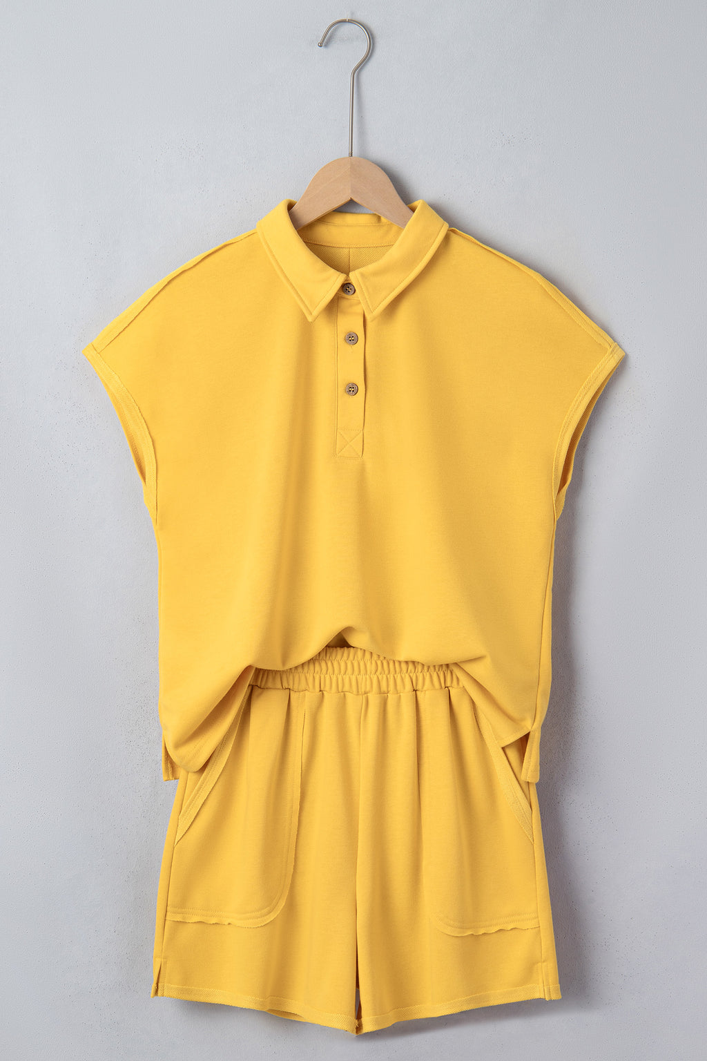 Banana Cream Loose Polo Tee & Elastic Waist Shorts Set
