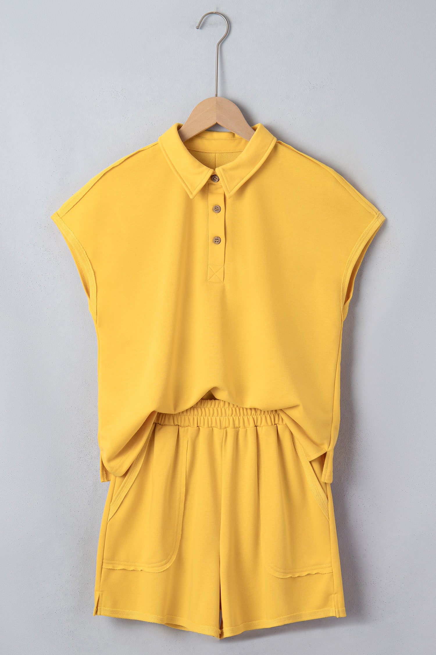 Banana Cream Loose Polo Tee & Elastic Waist Shorts Set