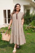 Plus Size Brown Stripe Maxi Dress With Slit V-Neck & Tiered Flutter Sleeves