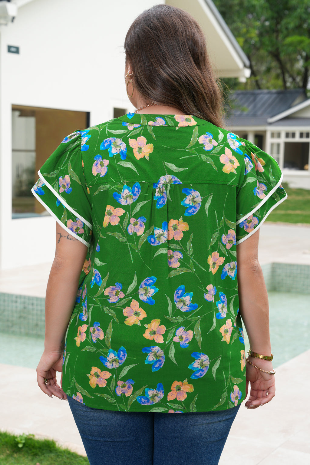 Plus Size Green Floral Short Sleeve Ruffled Top