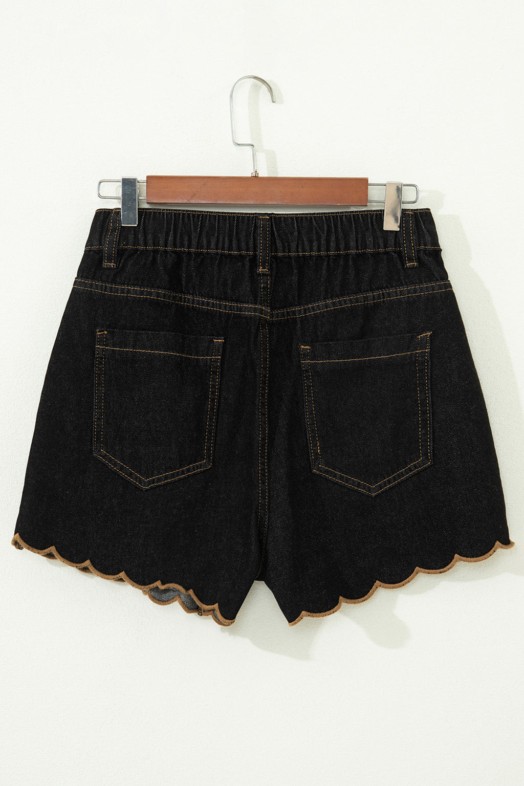 Black Relaxed Denim Shorts With Embroidered & Scalloped Trim
