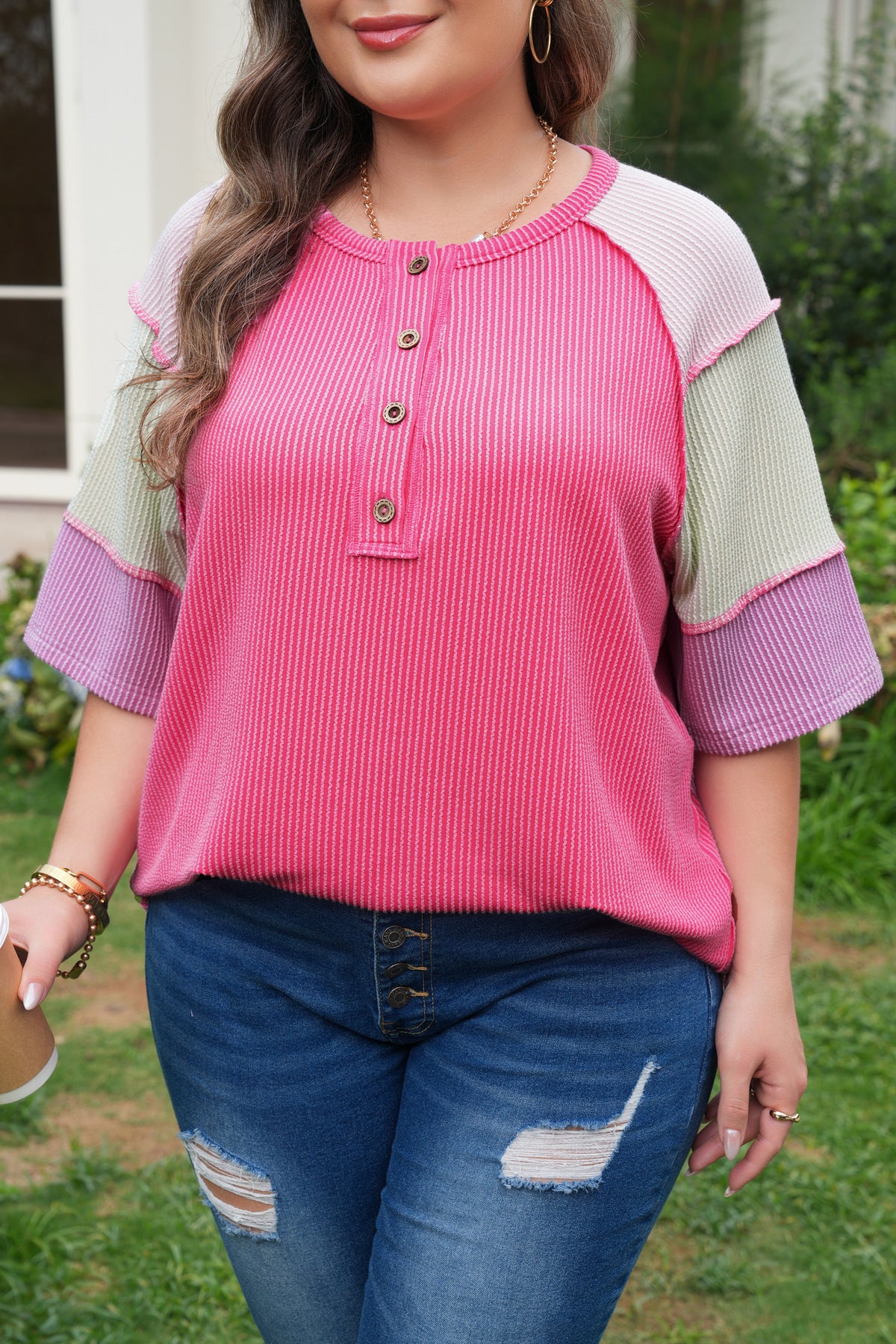 Plus Size Bright Pink Short Sleeve Color Block Henley Top