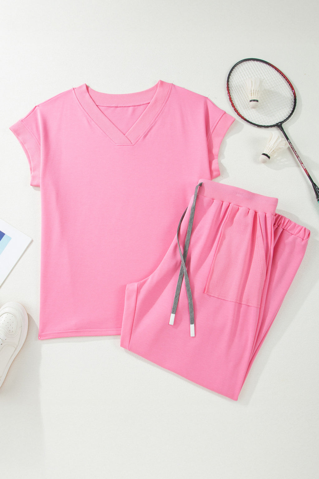 Plus Size Pink V-Neck Tee & Drawstring Pants Set