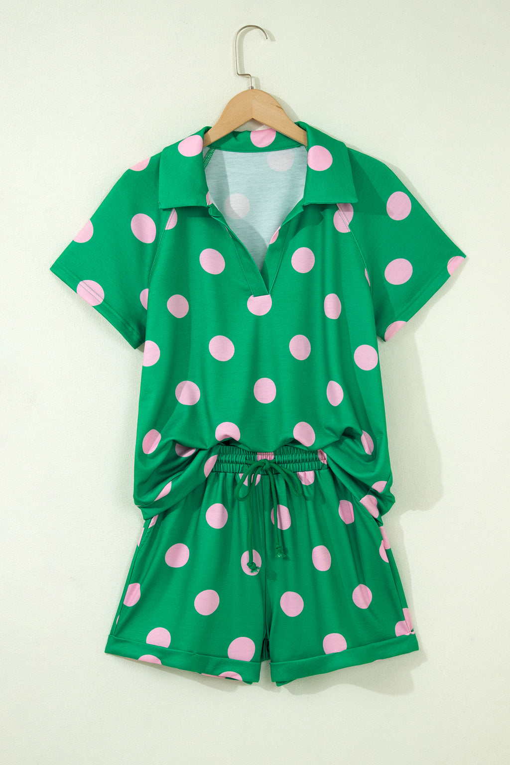 Green Polka Dot Print V-Neck Tee & Shorts 2pc Set