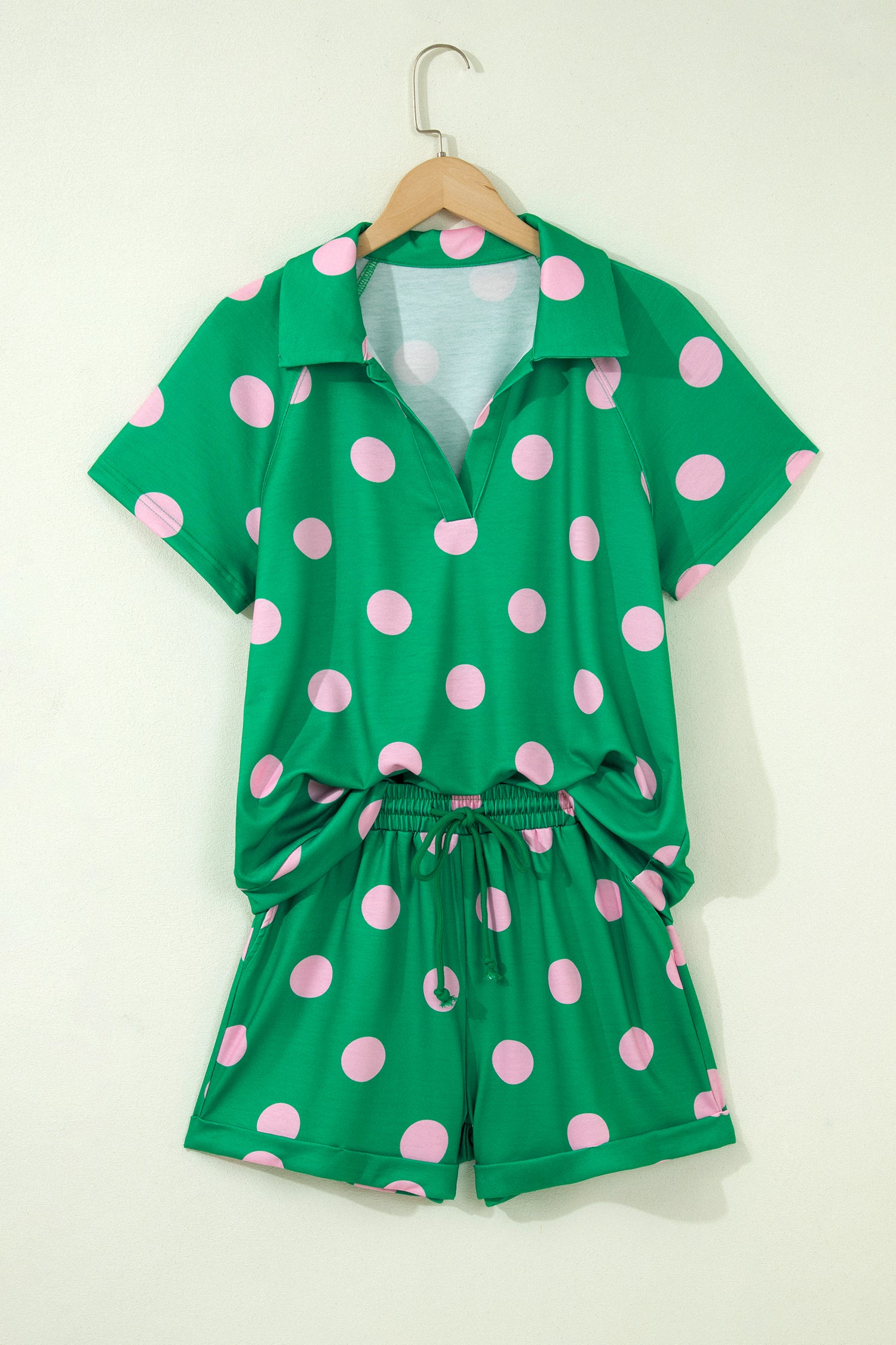Green Polka Dot Print V-Neck Tee & Shorts 2pc Set