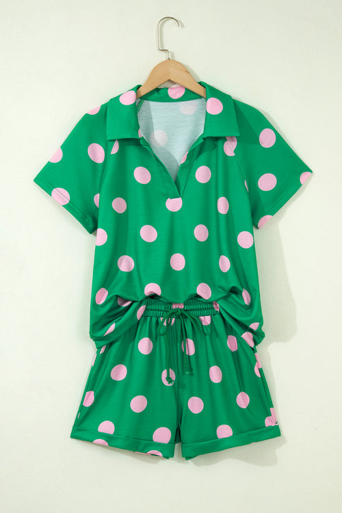 Green Polka Dot Print V-Neck Tee & Shorts 2pc Set