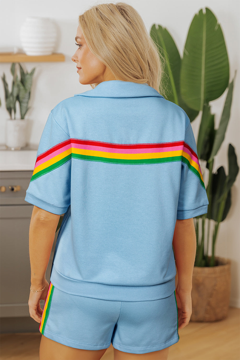 Sky Blue Rainbow Color-block 2 Piece Shorts Set