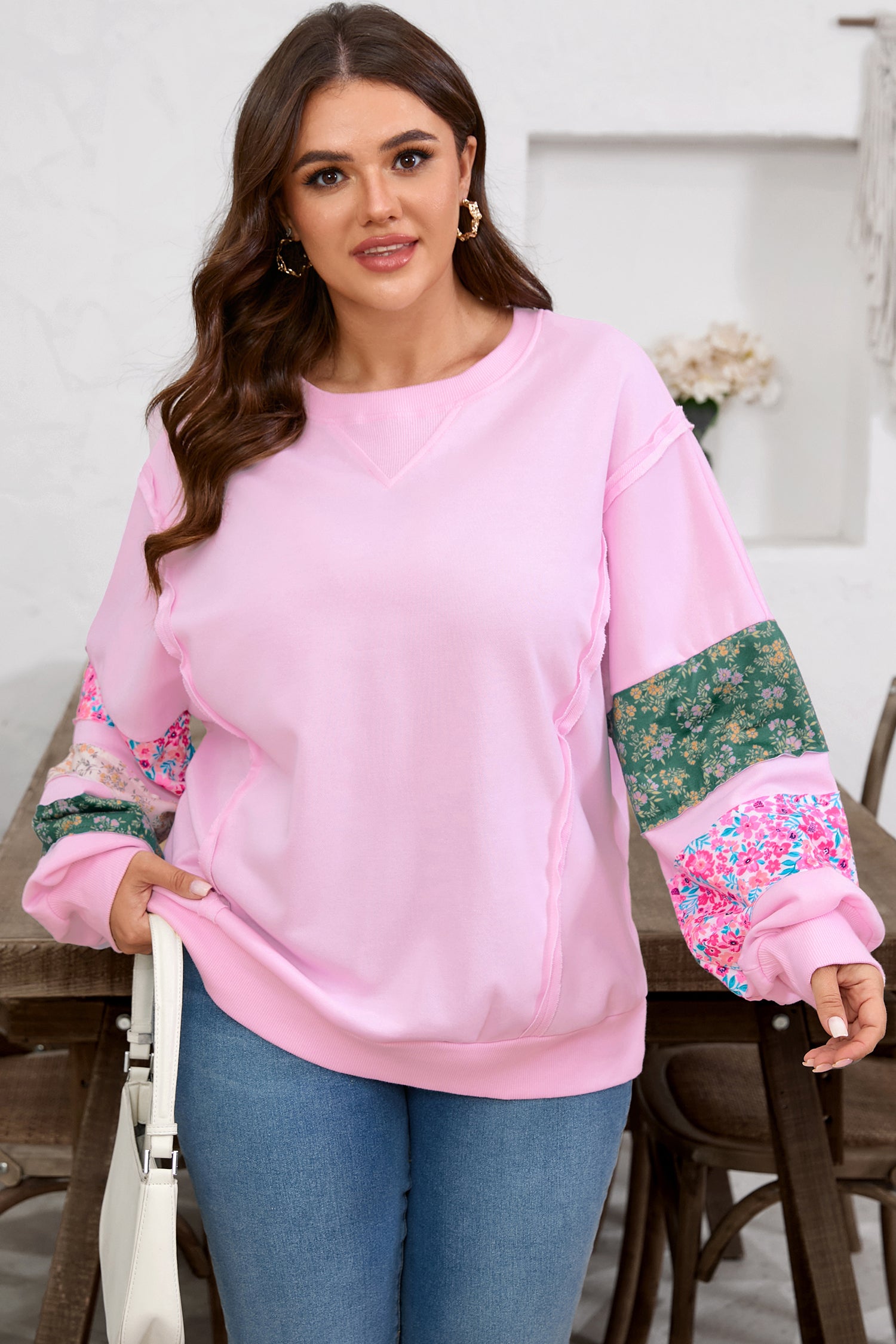 Plus Size Pink Floral Patched Sleeve Baggy Sweatshirt With Ribbed Trim