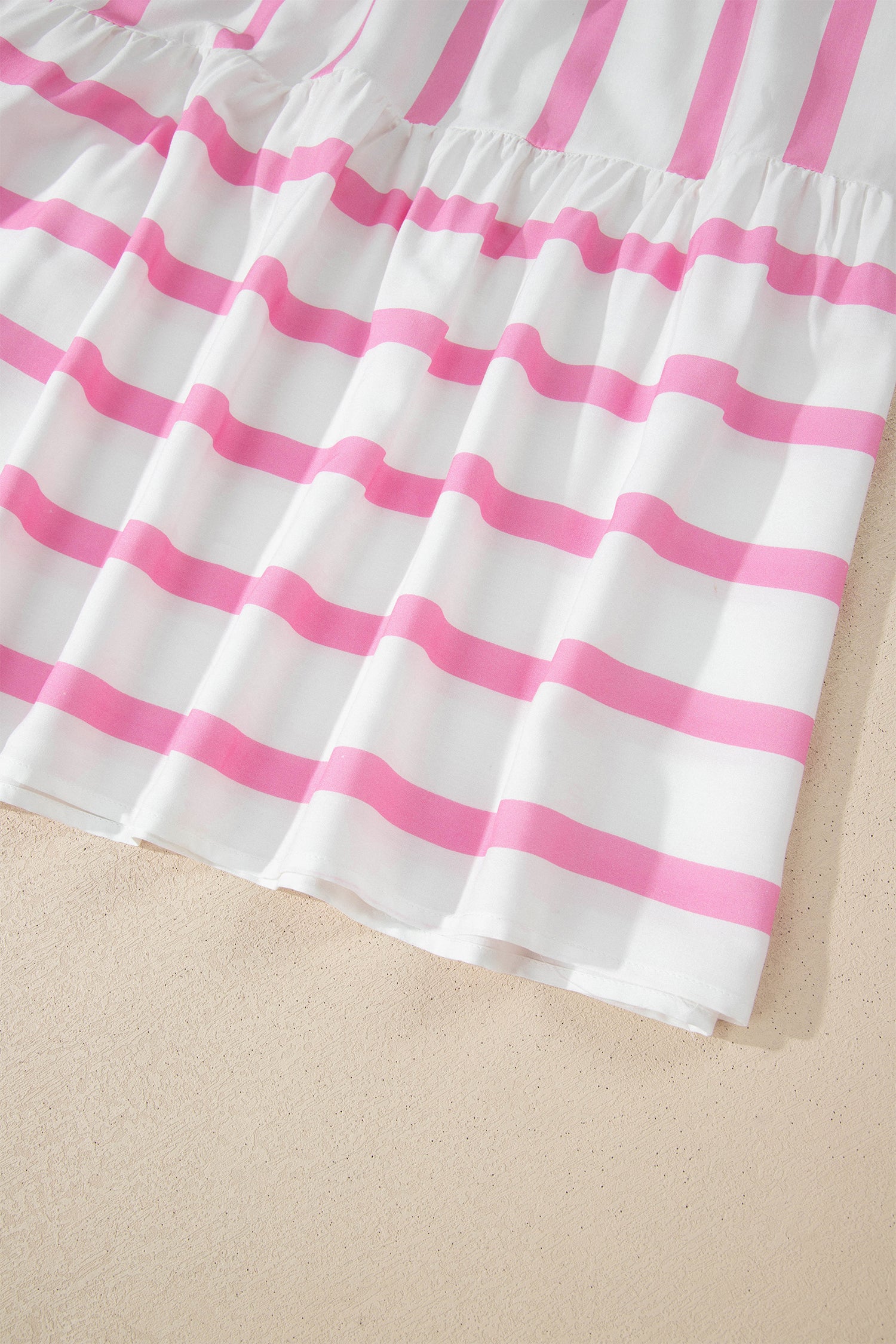 Plus Size Pink Stripe Tiered Maxi Dress With V Neck & Short Puff Sleeves