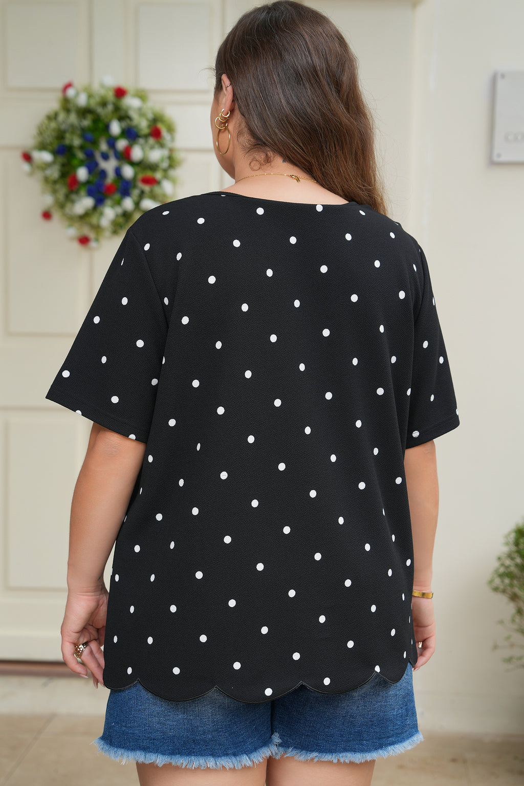 Plus Size Black Dotted Casual Tee