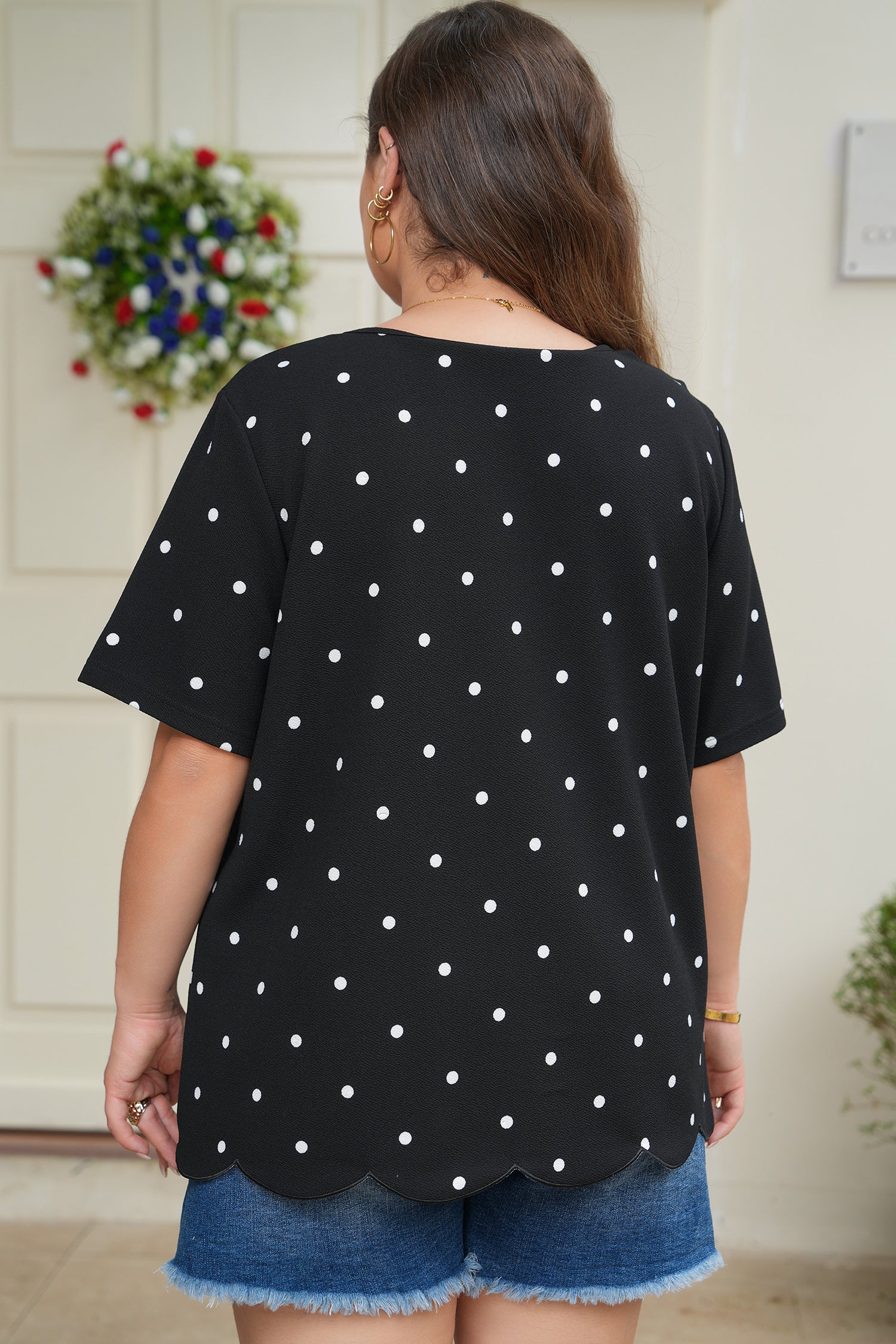 Plus Size Black Dotted Casual Tee
