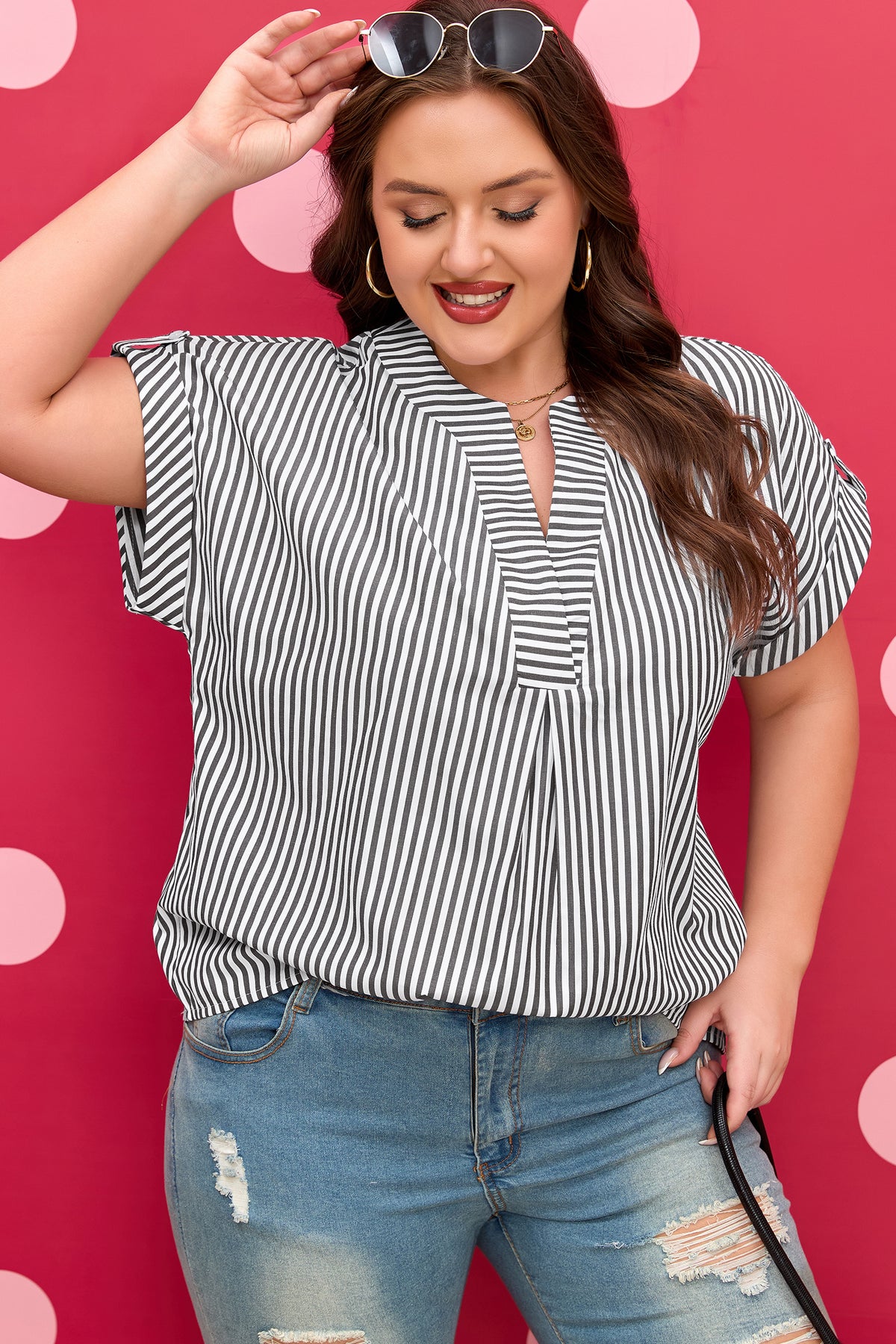 Plus Size Black Stripe Short Dolman Sleeve V Neck Roll-tab Blouse