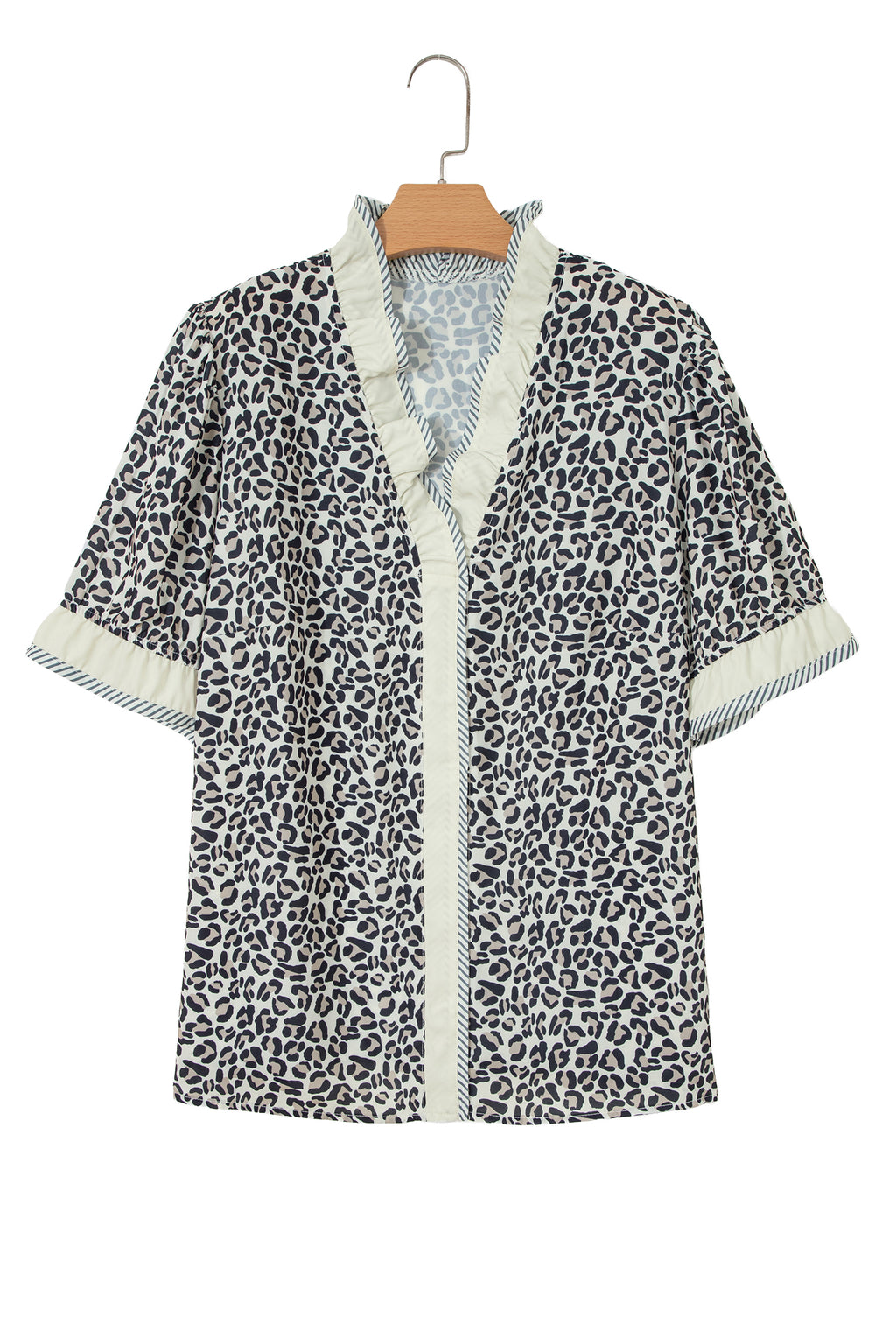 Plus Size Black Frilled V-Neck Short Sleeve Blouse With Leopard Print & Striped Color Block Trim