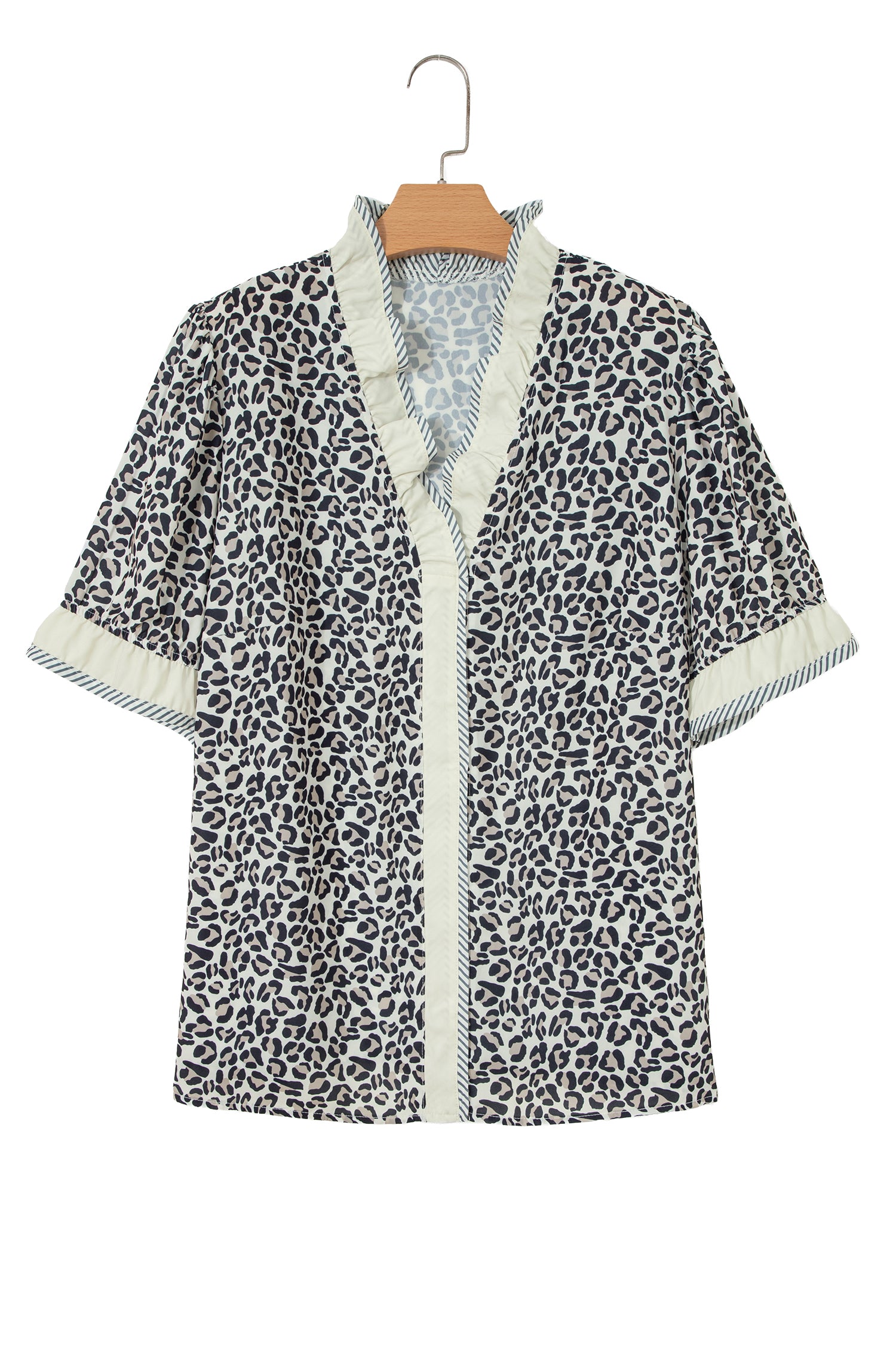 Plus Size Black Frilled V-Neck Short Sleeve Blouse With Leopard Print & Striped Color Block Trim