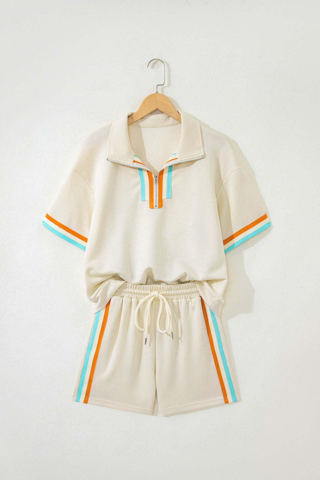 Apricot Colorful Striped Half Zip Polo Tee & Loose Shorts 2pc Set