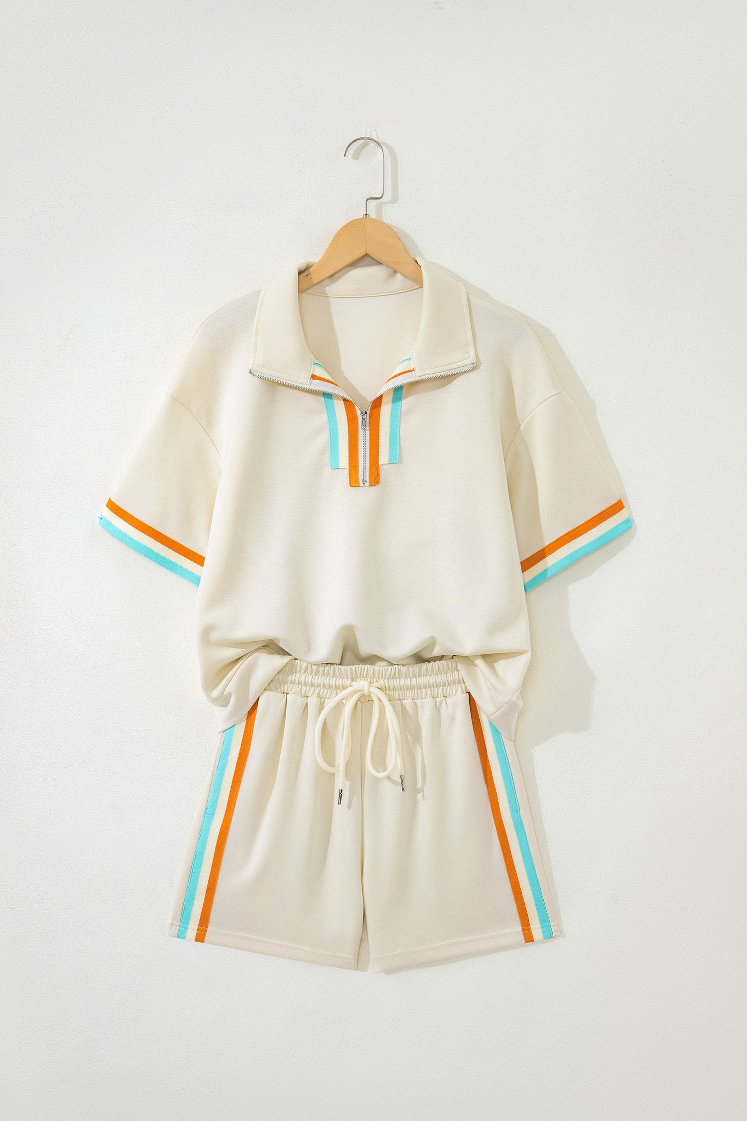 Apricot Colorful Striped Half Zip Polo Tee & Loose Shorts 2pc Set
