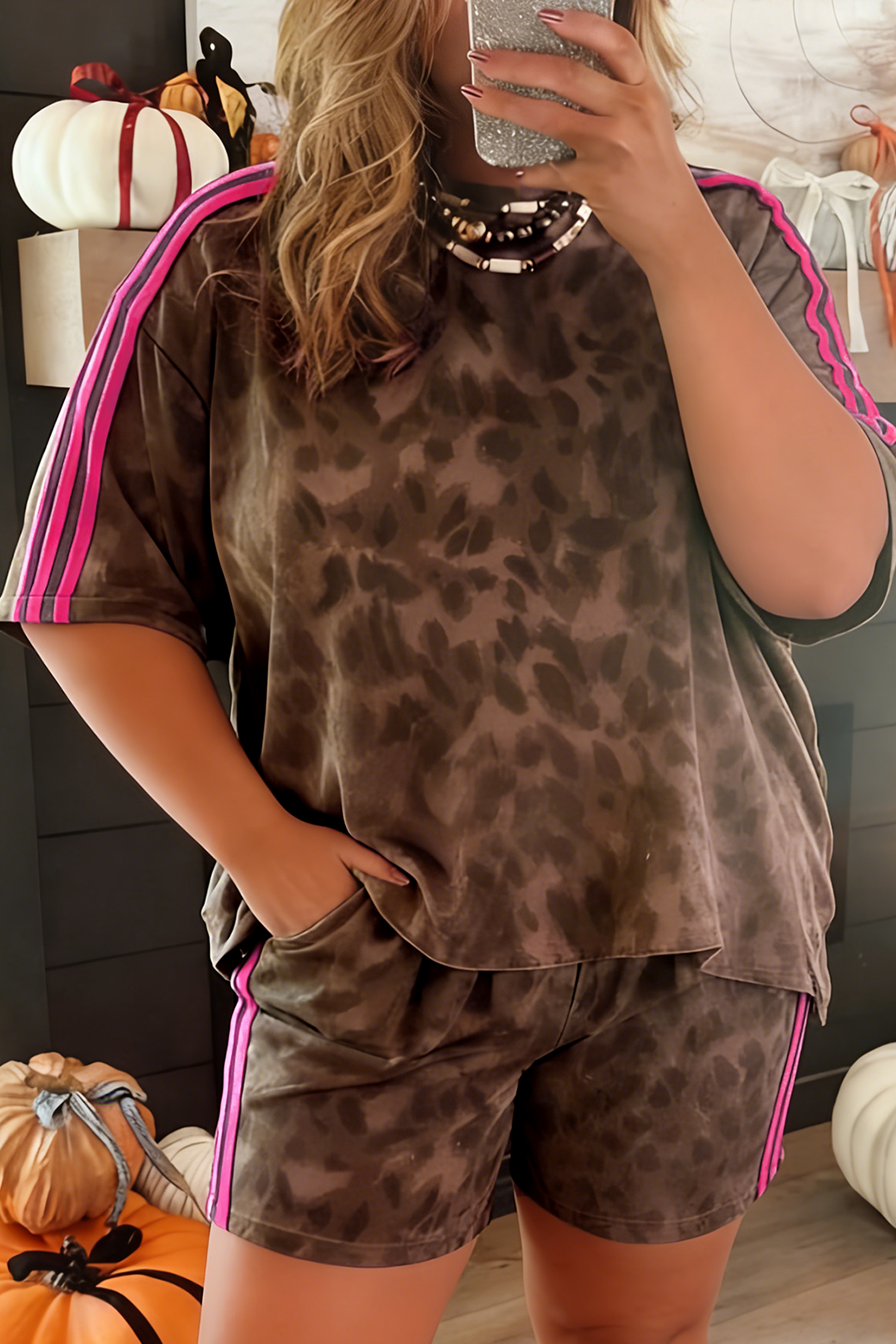 Plus Size Brown Leopard Print 2 pc Short Set With Contrast Varsity Stripe Trim