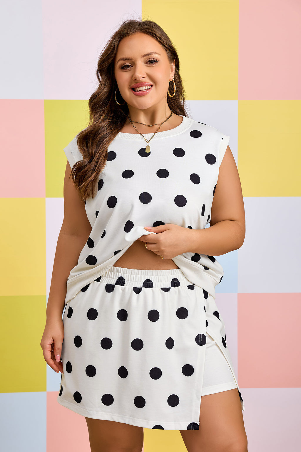 Plus Size White 2 pc Outfit With Black Polka Dot Printed Tank & Split Skort