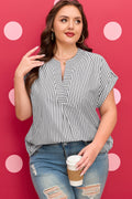 Plus Size Black Stripe Short Dolman Sleeve V Neck Roll-tab Blouse