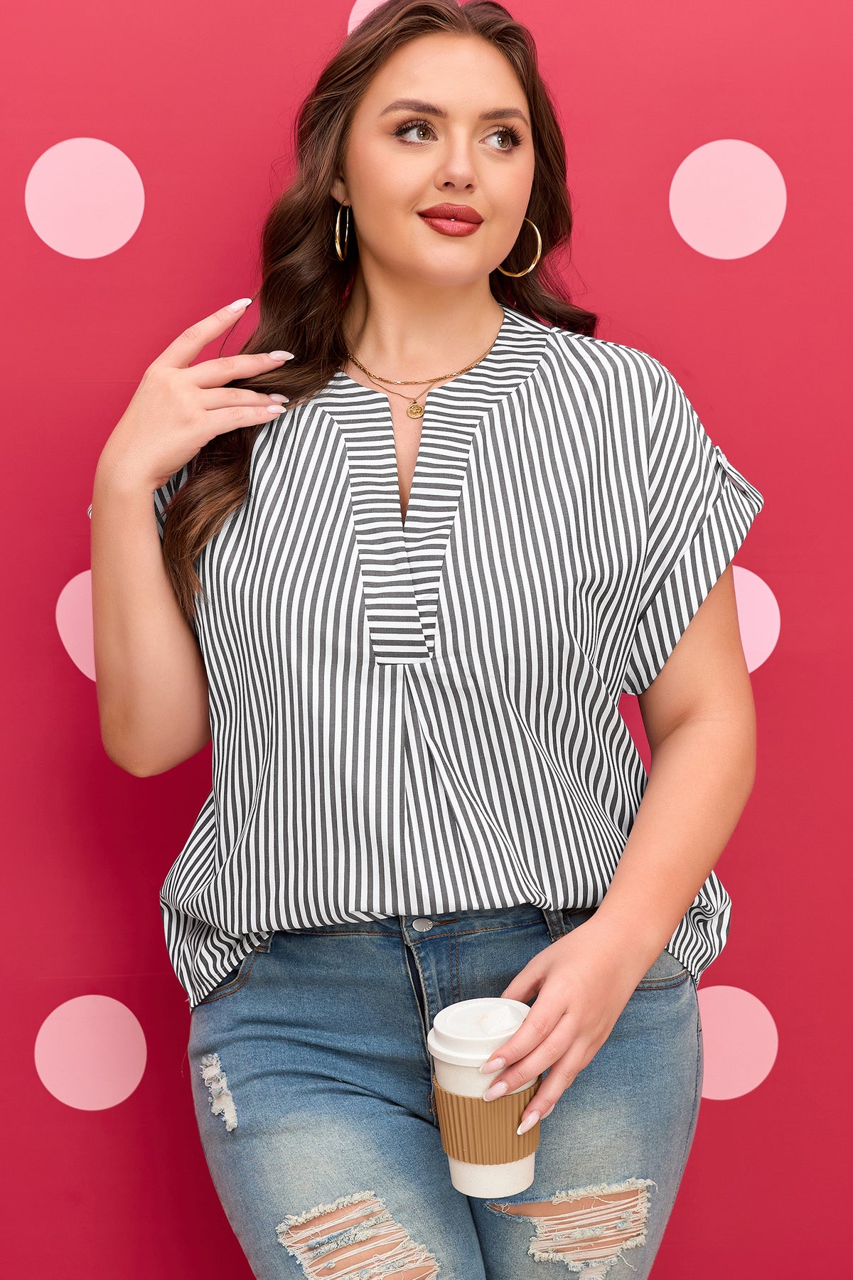 Plus Size Black Stripe Short Dolman Sleeve V Neck Roll-tab Blouse