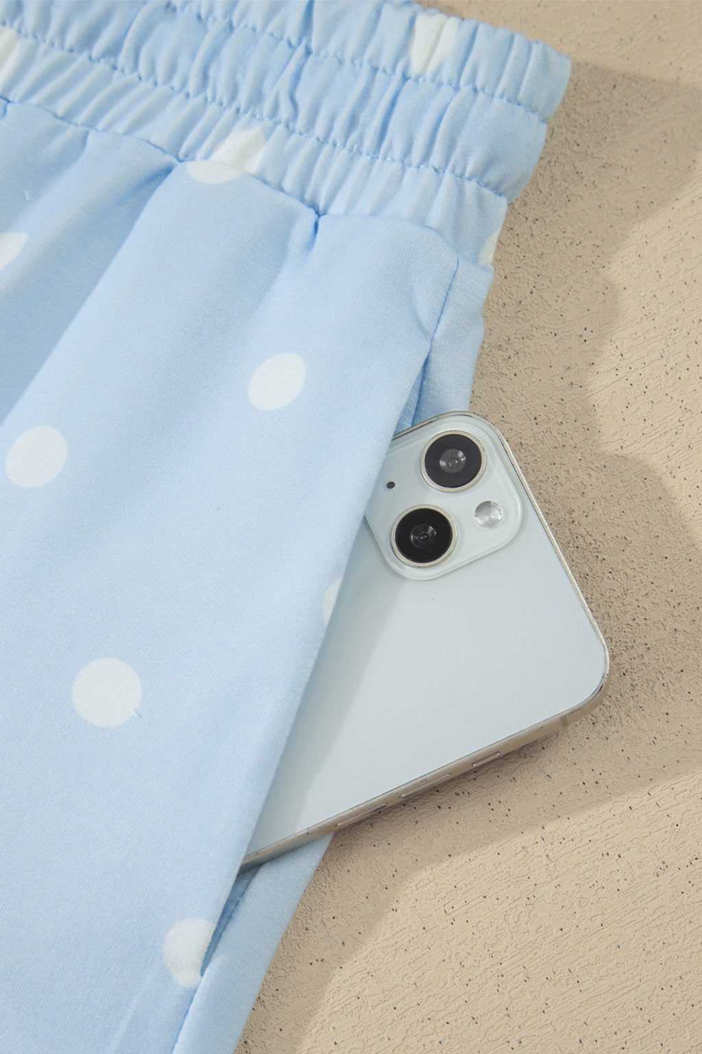 Sky Blue Exposed Seam Detail Polka Dot Loose Tee & Drawstring Shorts 2pc Set