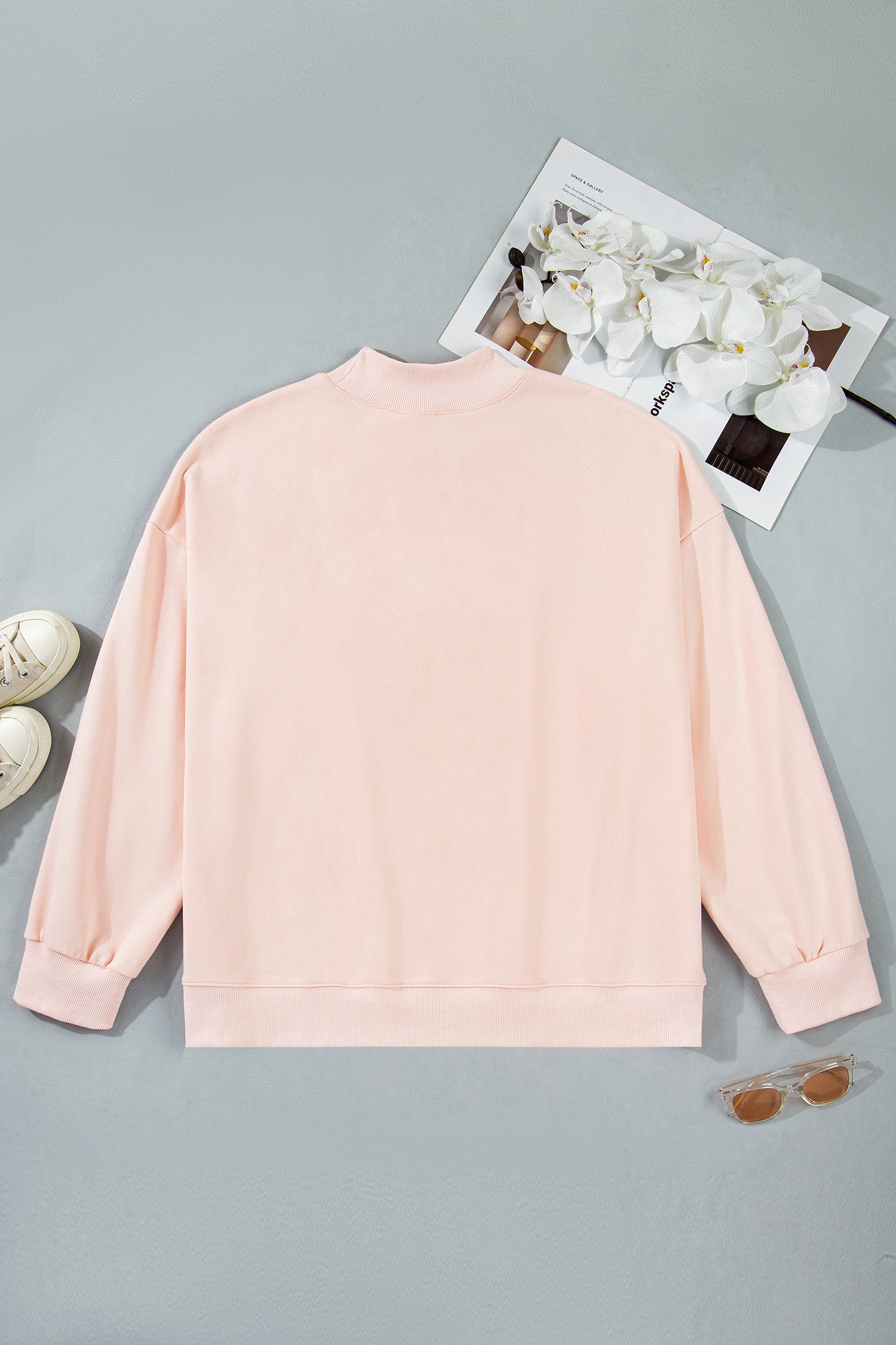 Plus Size Light Pink Mock Neck Sweatshirt With Embroidered BLESSED Graphic