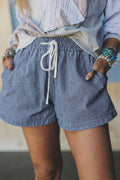 Blue Stripe Casual Denim Shorts With Drawstring Elastic Waist