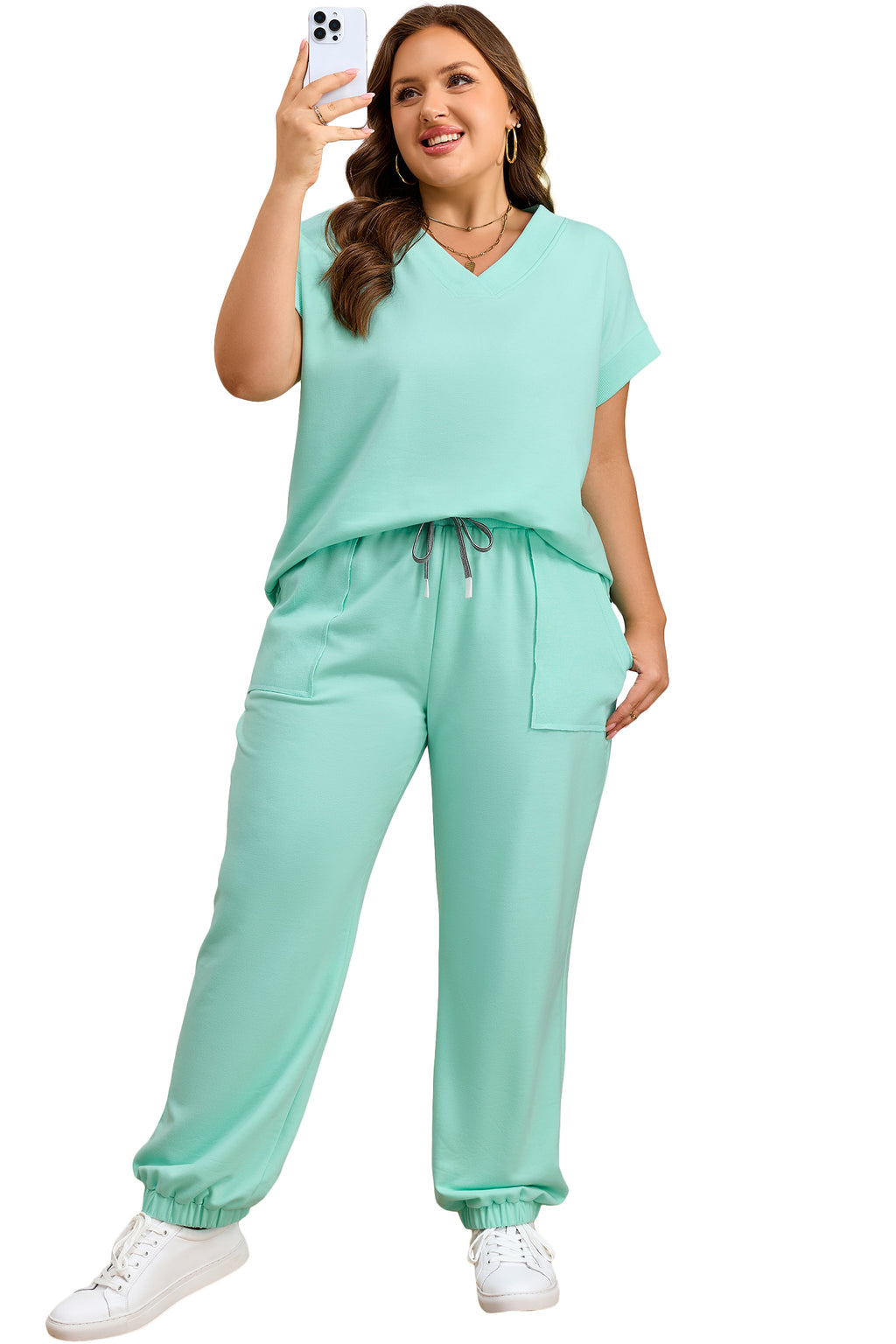 Plus Size Mint Green V-Neck Tee & Drawstring Pants Set
