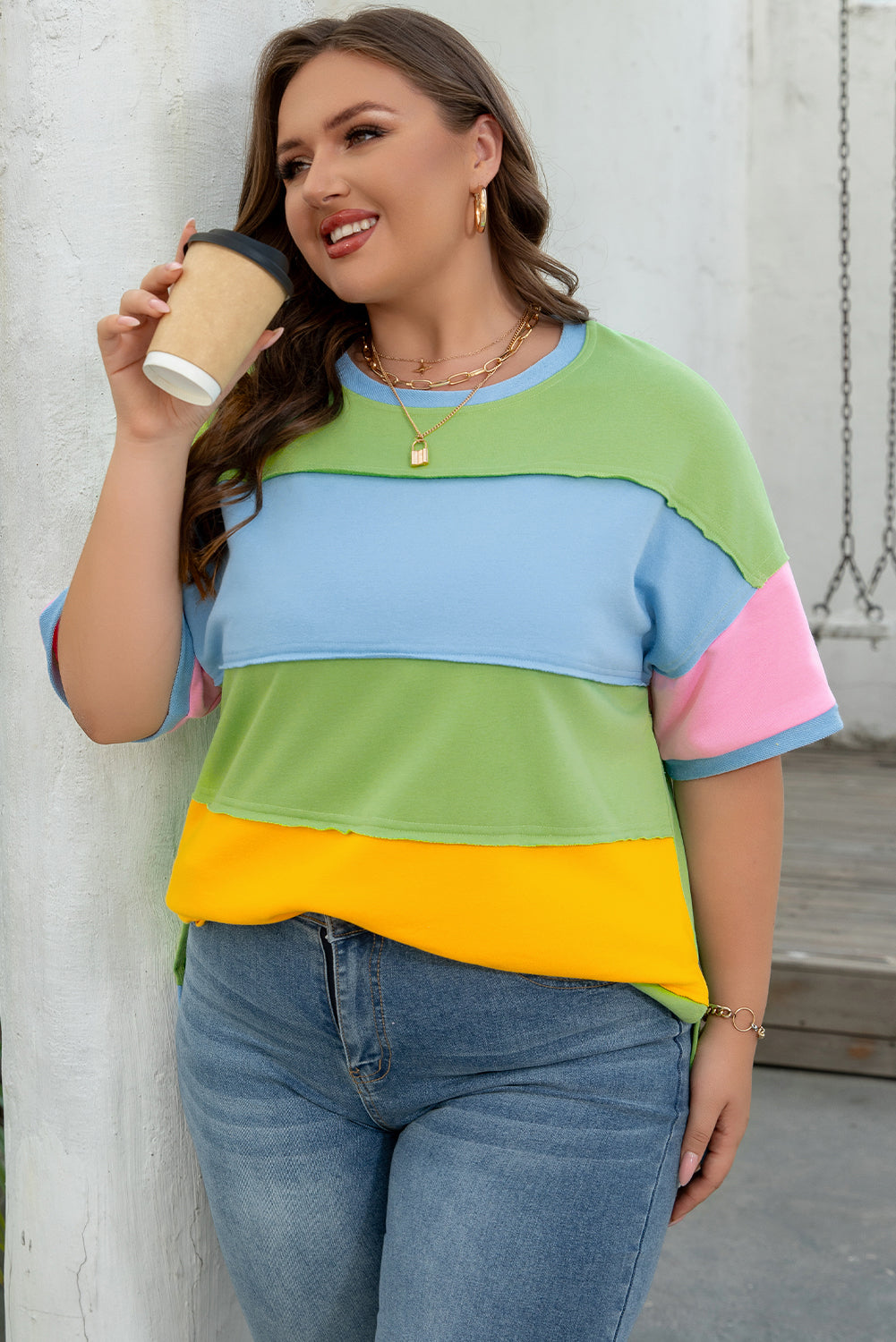 Plus Size Color Block Exposed Seam Patchwork Tee