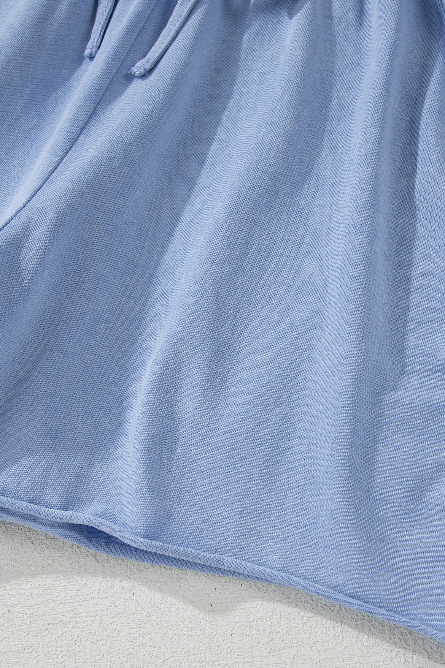 Sky Blue Mineral Washed Raw Cut Shorts With Elastic Drawstring Waste