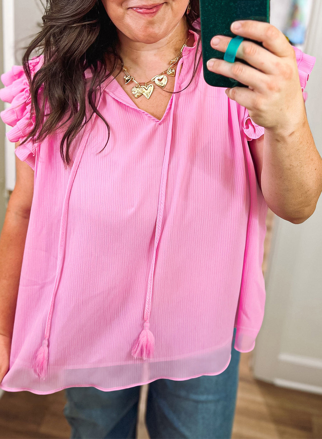 Plus Size Bonbon V Neck Short Sleeve Ruffle Blouse With Textured Tassel Tie
