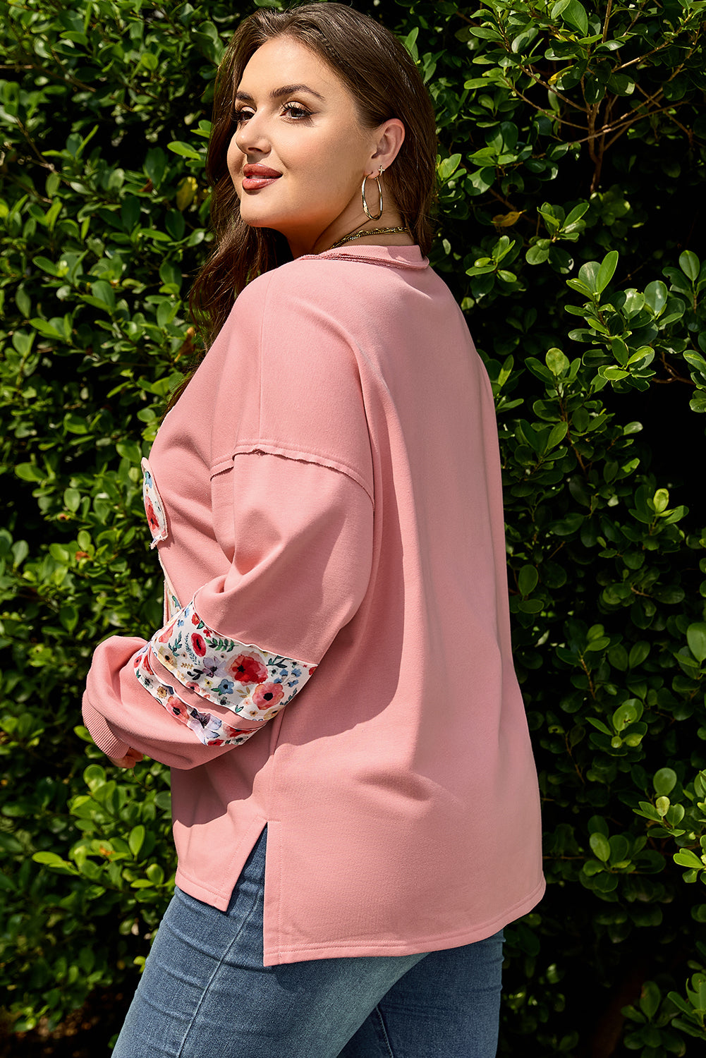 Plus Size Peach With Floral Applique Drop Shoulder Sweatshirt
