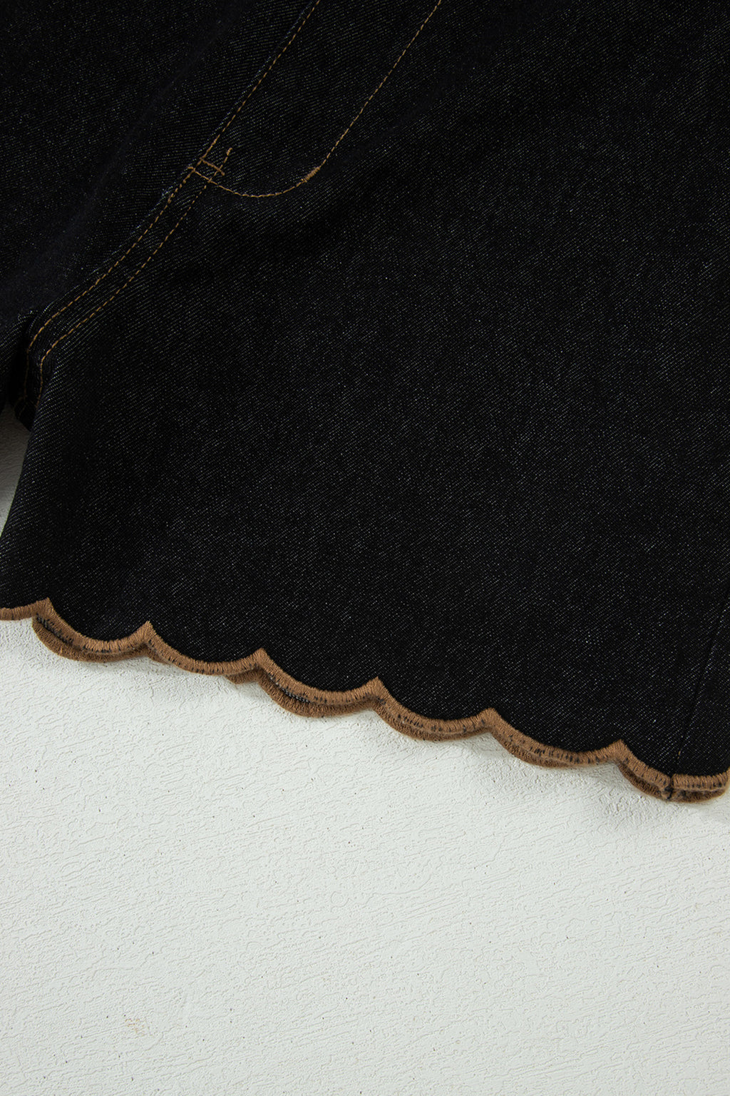 Black Relaxed Denim Shorts With Embroidered & Scalloped Trim