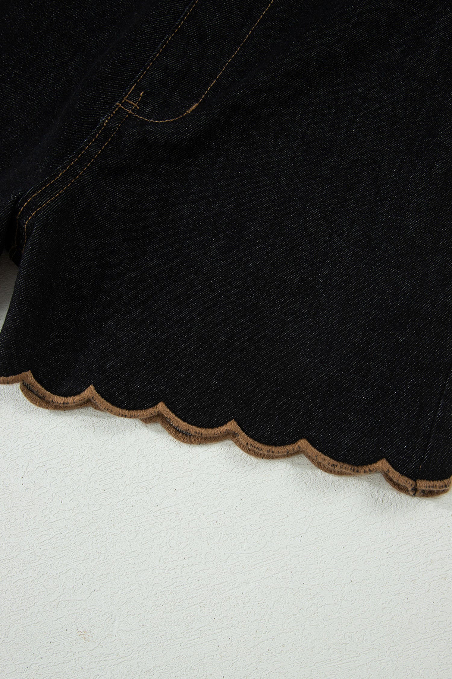 Black Relaxed Denim Shorts With Embroidered & Scalloped Trim