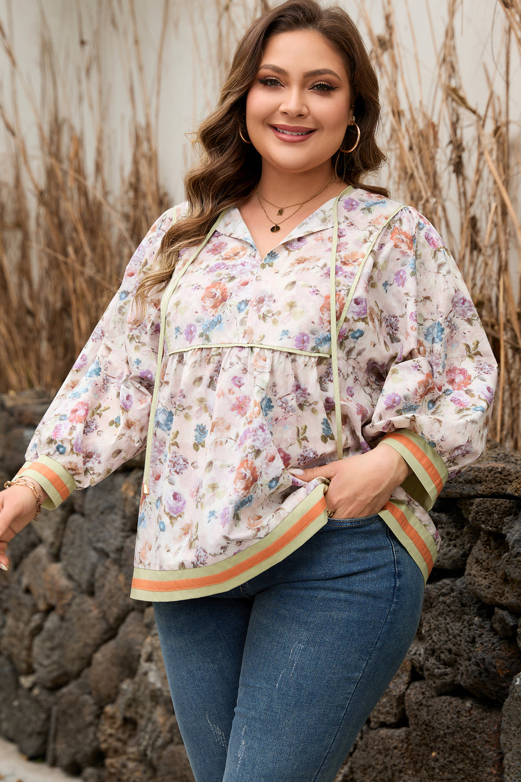 Plus Size Floral Print & Contrast Striped Trim Babydoll Blouse