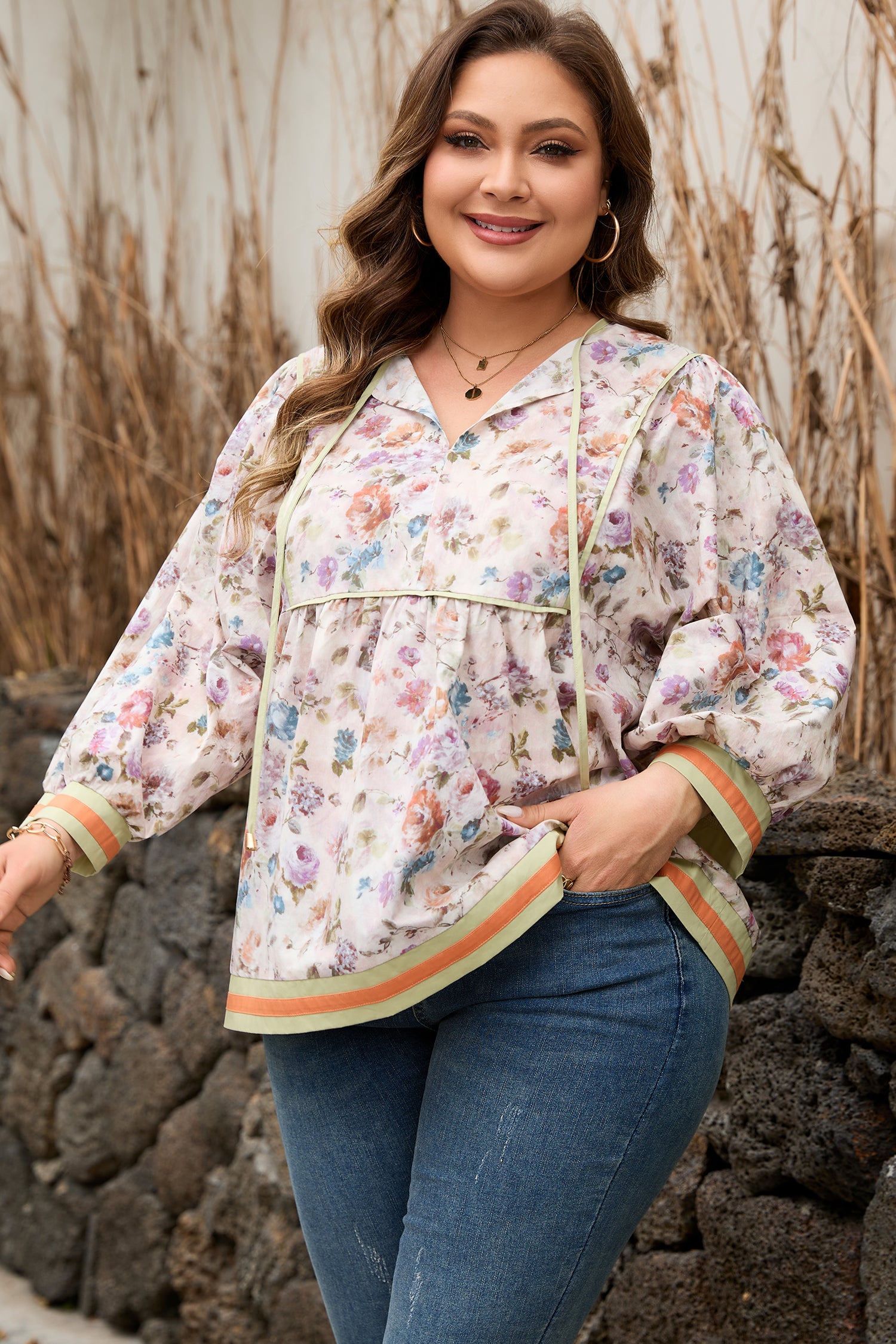 Plus Size Floral Print & Contrast Striped Trim Babydoll Blouse