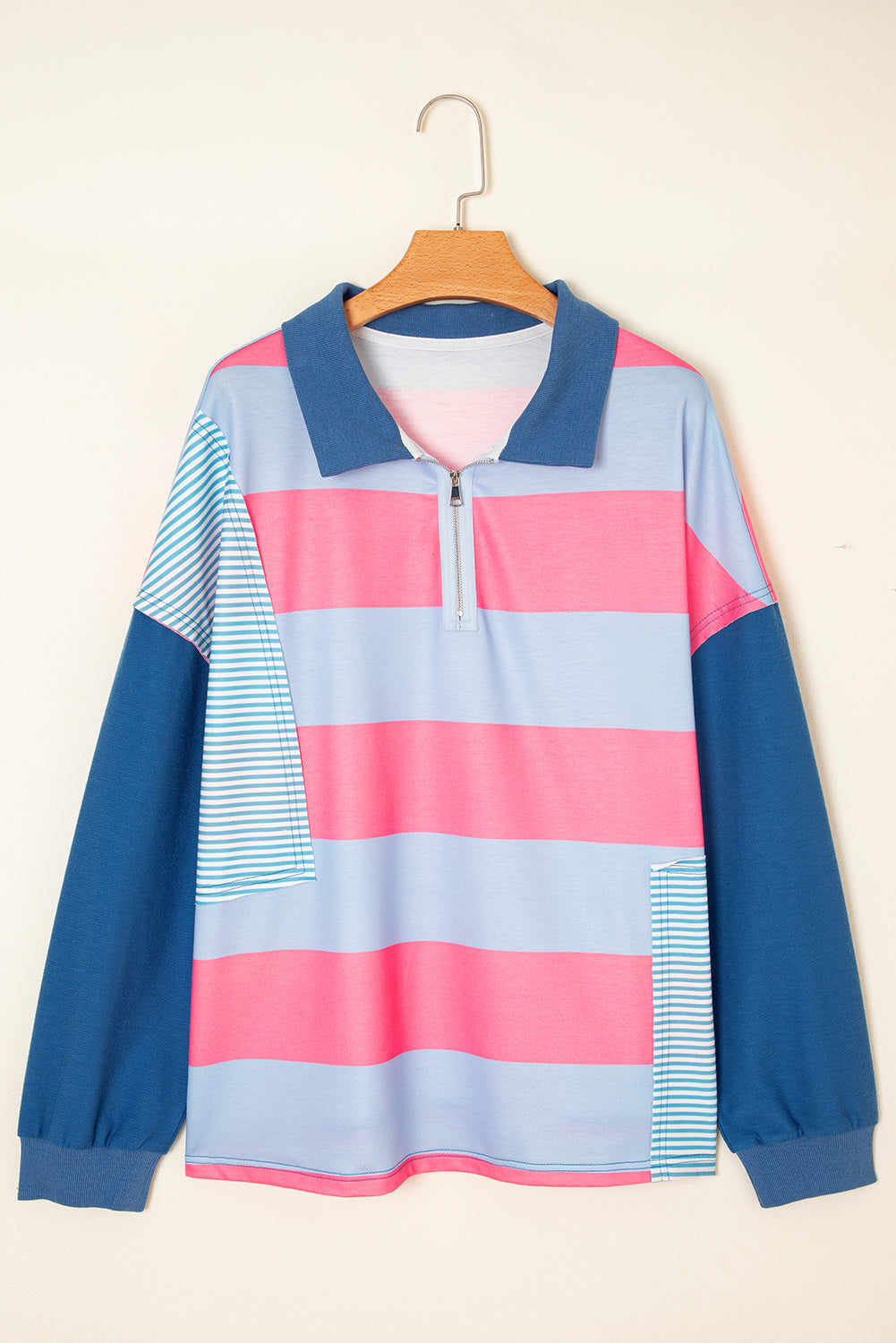 Plus Size Blue Stripe Colorblock Zip-Up Pullover