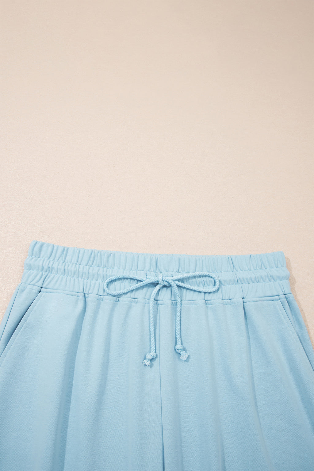 Plus Size Mist Blue Ribbed Trim Short Sleeve Top & Drawstring Pants 2pcs Outfit