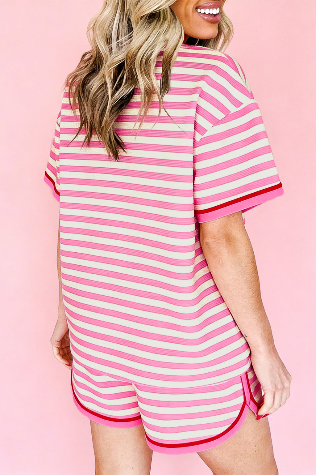 Pink Stripe Short Sleeve Top & Loose Shorts 2pcs Casual Outfit