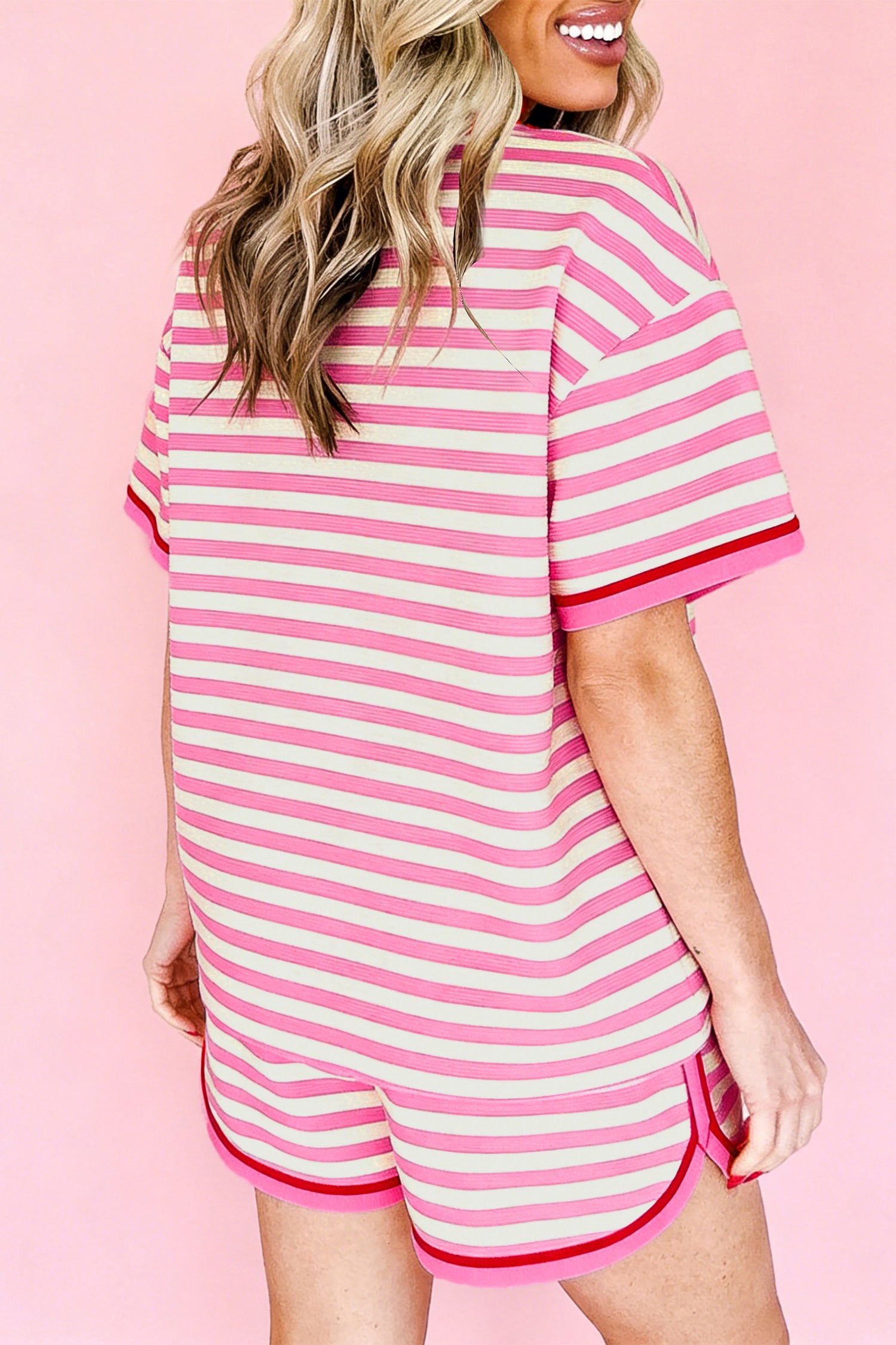 Pink Stripe Short Sleeve Top & Loose Shorts 2pcs Casual Outfit