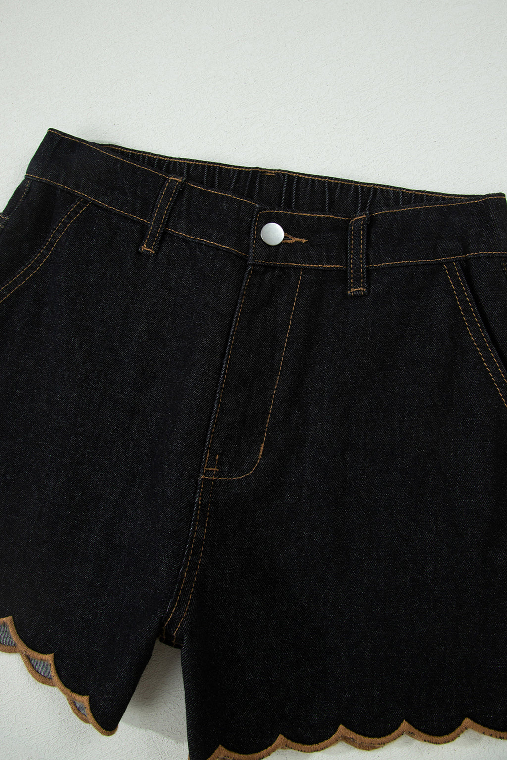 Black Relaxed Denim Shorts With Embroidered & Scalloped Trim