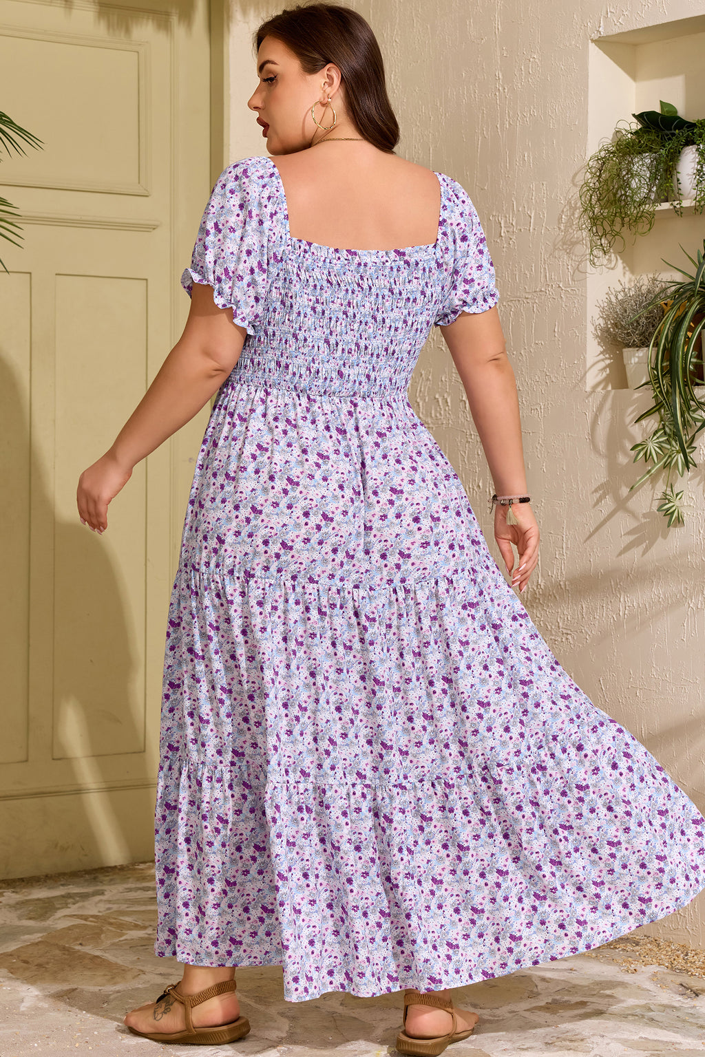 Plus Size Purple Floral Print Smocked Maxi Dress With Square Neck