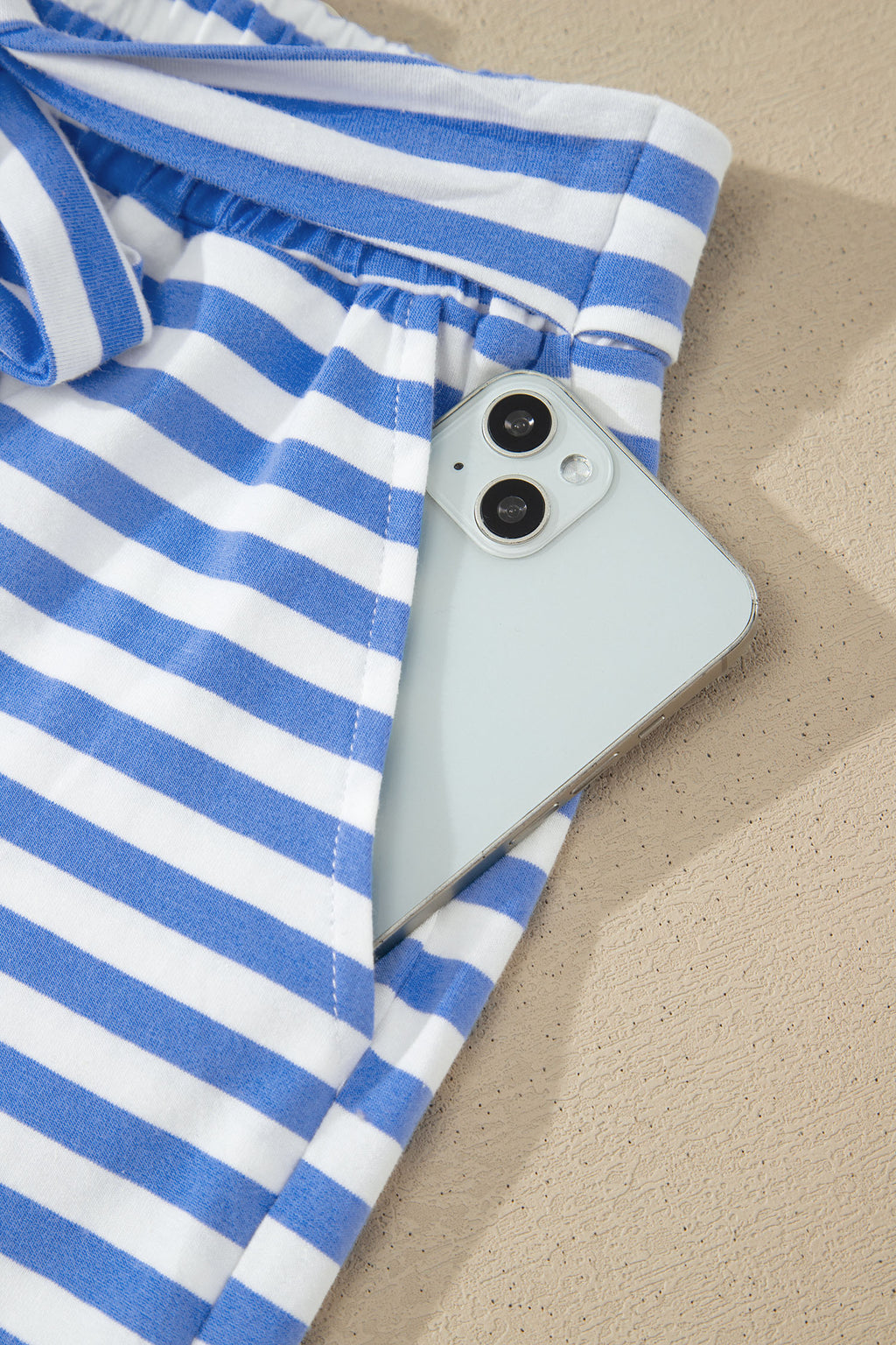 Sky Blue Stripe Contrast Trim Crew Neck Tee & Knot Shorts 2pc Set
