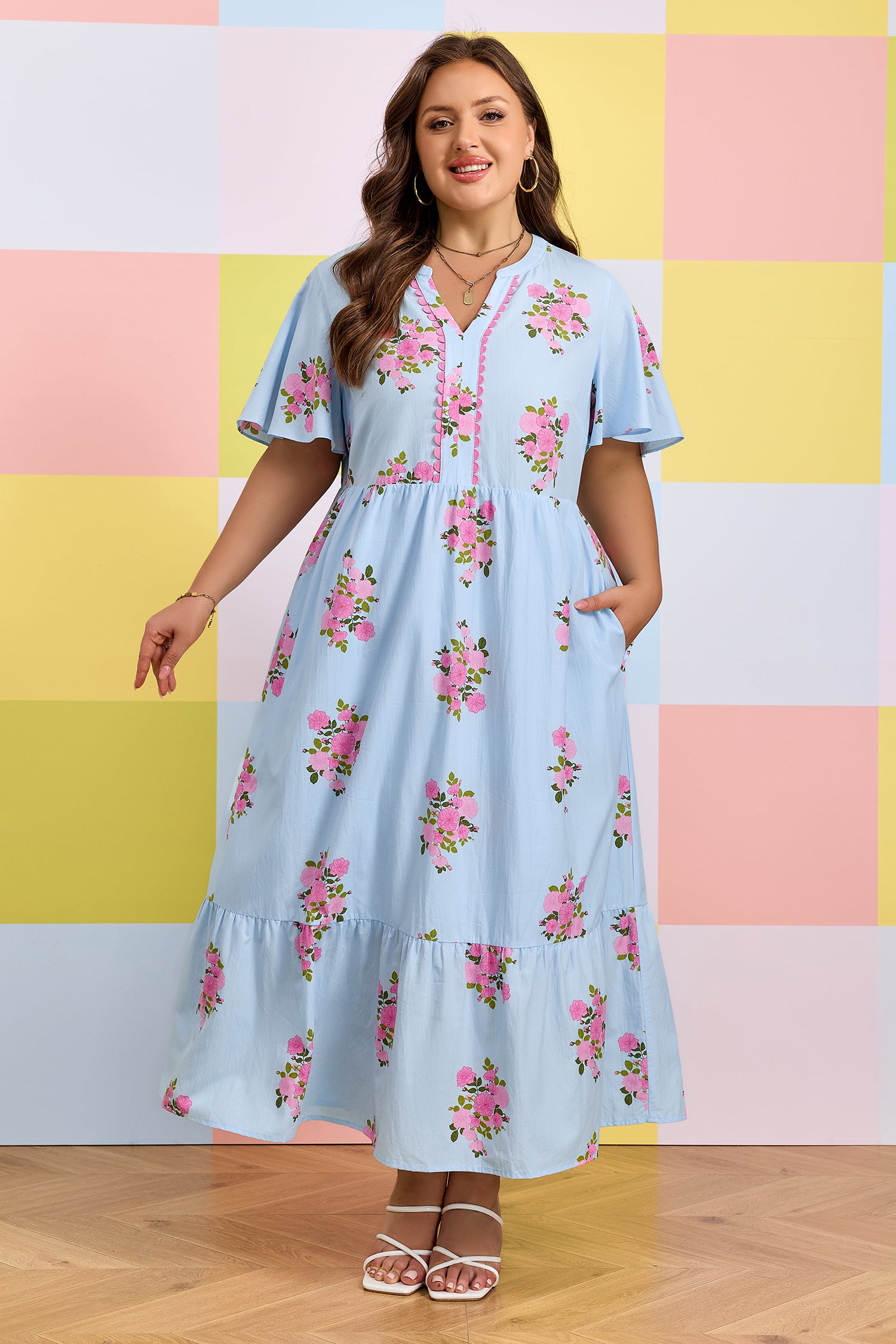 Plus Size Sky Blue Floral Print V-neck Dress With Scalloped Trim