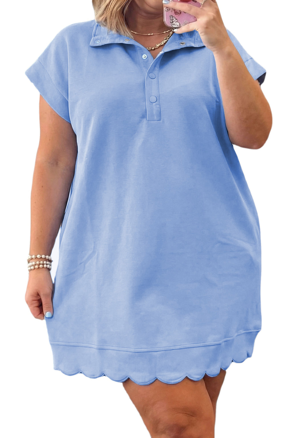 Plus Size Beau Blue Pullover Mini Dress With Scalloped Hem & Button Neck